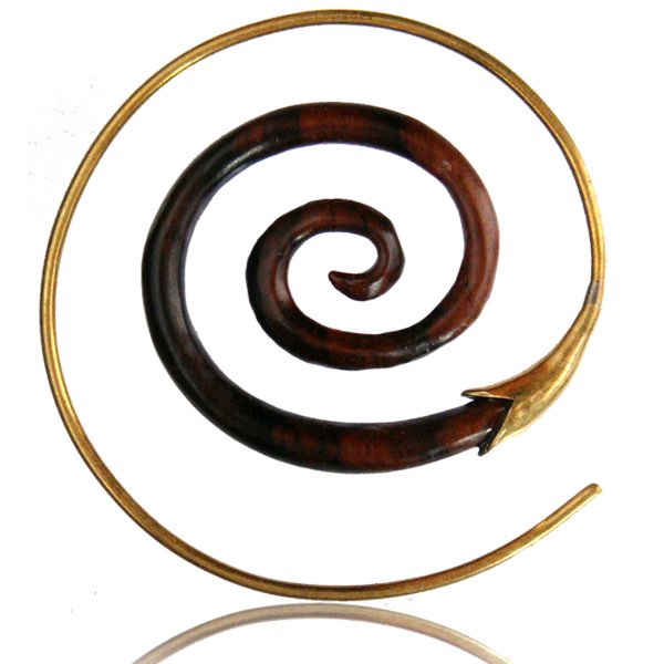 Fake Holz Piercing Narra Wood Brass Spirale golden Ohrstecker Organic Tribal