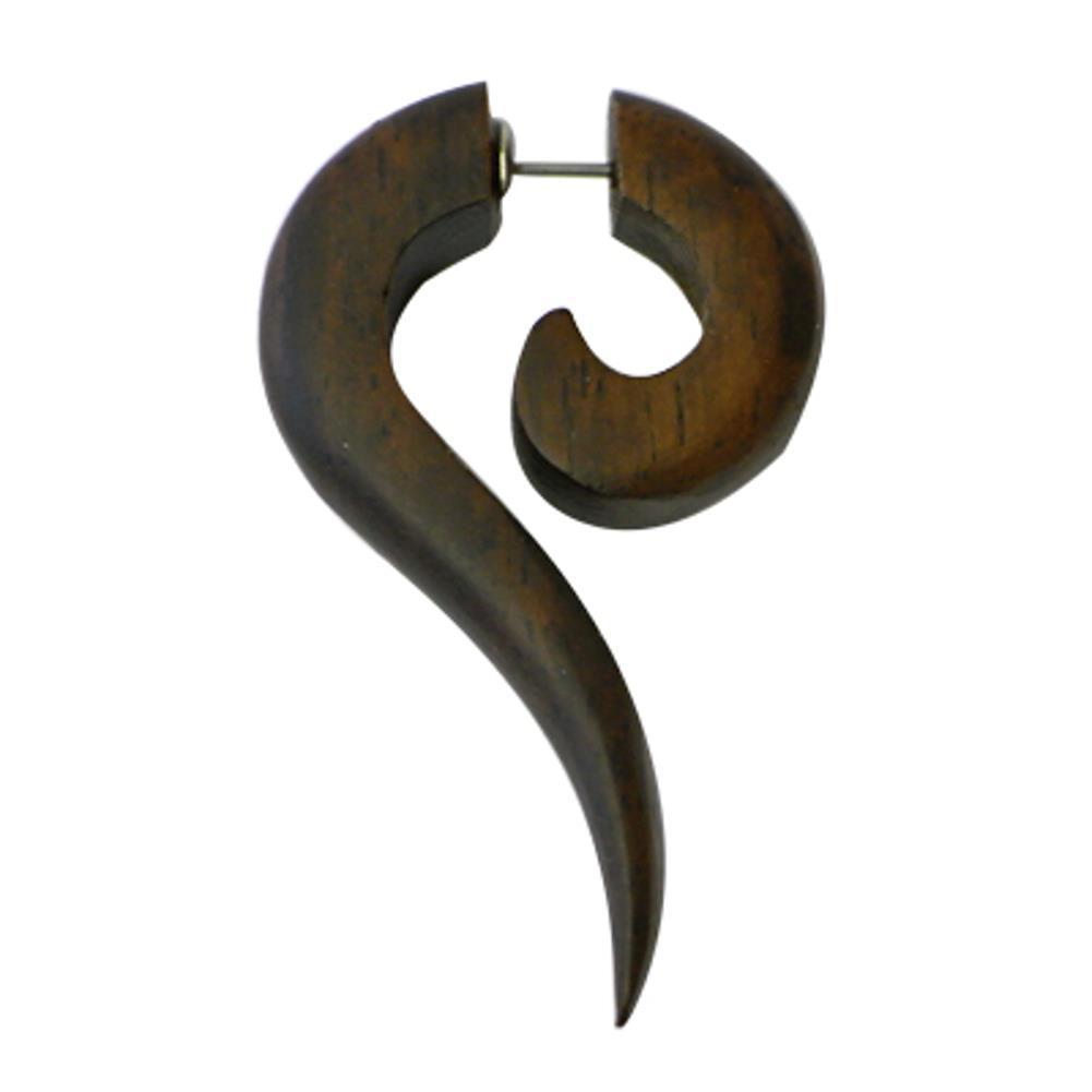 Tribal Spirale Sono Holz lang Spitze Fragezeichen braun Fake Piercing Ohrring 1 mm