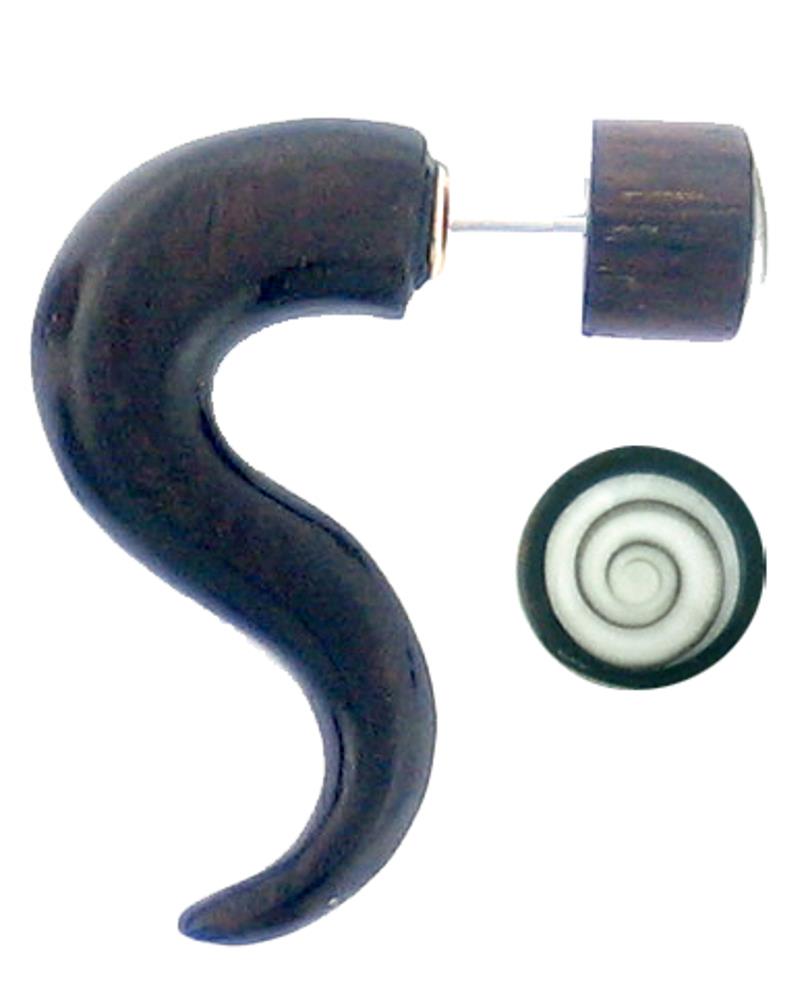 Tribal Fake Spike Sono Holz S-Form Shivaauge braun Edelstahl Piercing 3,0 x 2,5 cm Ohrring Shiva Eye