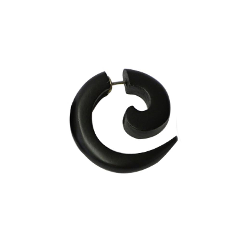 Tribal Ohrring Sono Holz klein Spirale schwarz Edelstahlbügel Fake Piercing Organic 1 mm