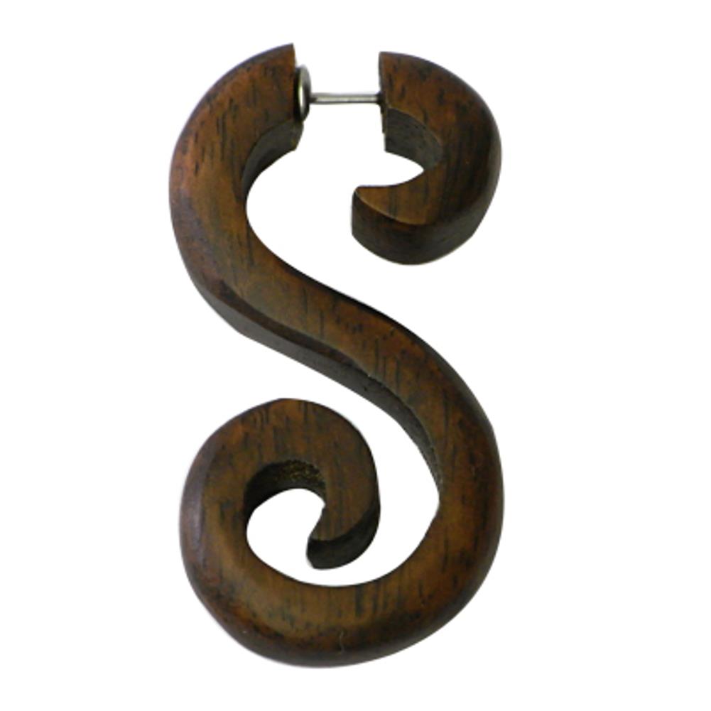 Tribal S-Form spiralig Ohrring Sono Holz Edelstahlbügel braun Fake Piercing 1 mm