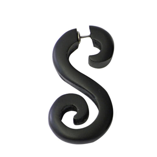 Tribal S-form Ohrring Sono Holz Edelstahlbügel schwarz Fake Piercing spiralig Organic 1 mm