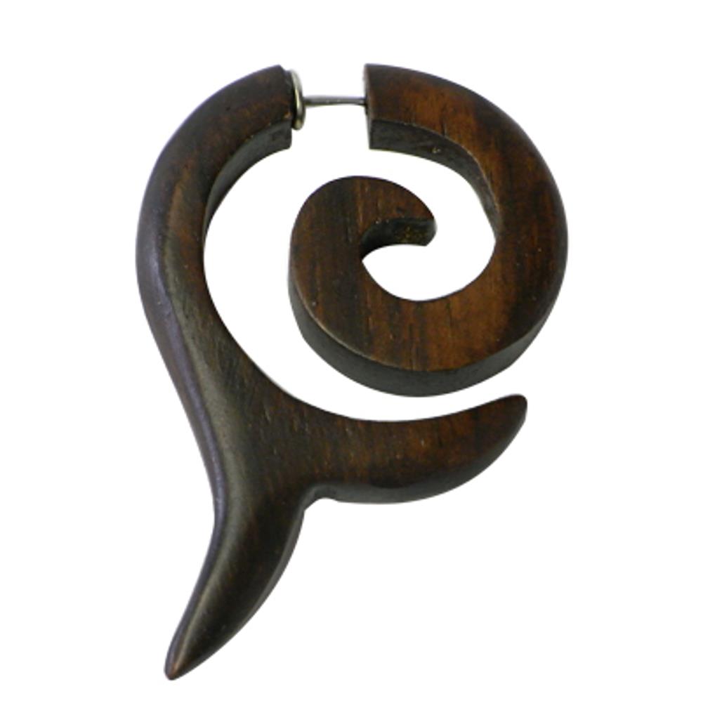 Tribal Ohrring Sono Holz Fishtail braun Spirale Edelstahlbügel Fake Piercing 1 mm