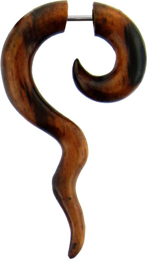 Tribal Spirale lange Spitze gewellt Sono Holz braun Fake Piercing Ohrstecker Edelstahl 1 mm