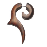 Load image into Gallery viewer, Tribal Fake Piercing Fragezeichen Spitze braun 4,0 x 3,2 cm Ohrring Sono Holz Edelstahl 1 mm
