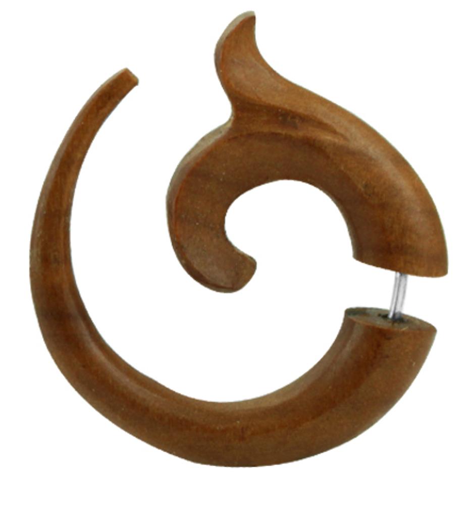 Tribal Fake Piercing Spirale glatt Schnörkel Holz Unisex handgeschnitzt Sonoholz Edelstahl Organic