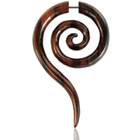 Load image into Gallery viewer, Fake Piercing Sono Holz Spirale lang 62 mm Plug Ohrstecker braun gemasert
