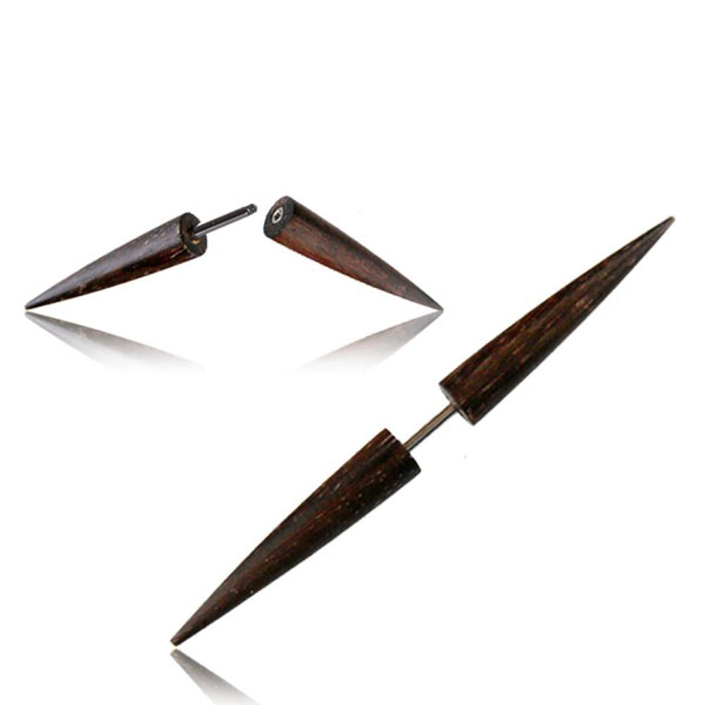 Tribal Ohrring Narra Holz Doppel-Spike spitz Edelstahl Fake Piercing 6,0 x 0,5 cm