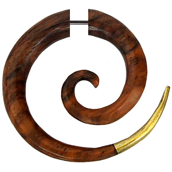 Fake Holz Piercing Spirale Steckverschluss dunkelbraun goldene Brass Spitze