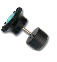 Cargar imagen en el visor de la galería, Fake Plug Piercing Arang Holz schwarz Türkis Inlay Blume
