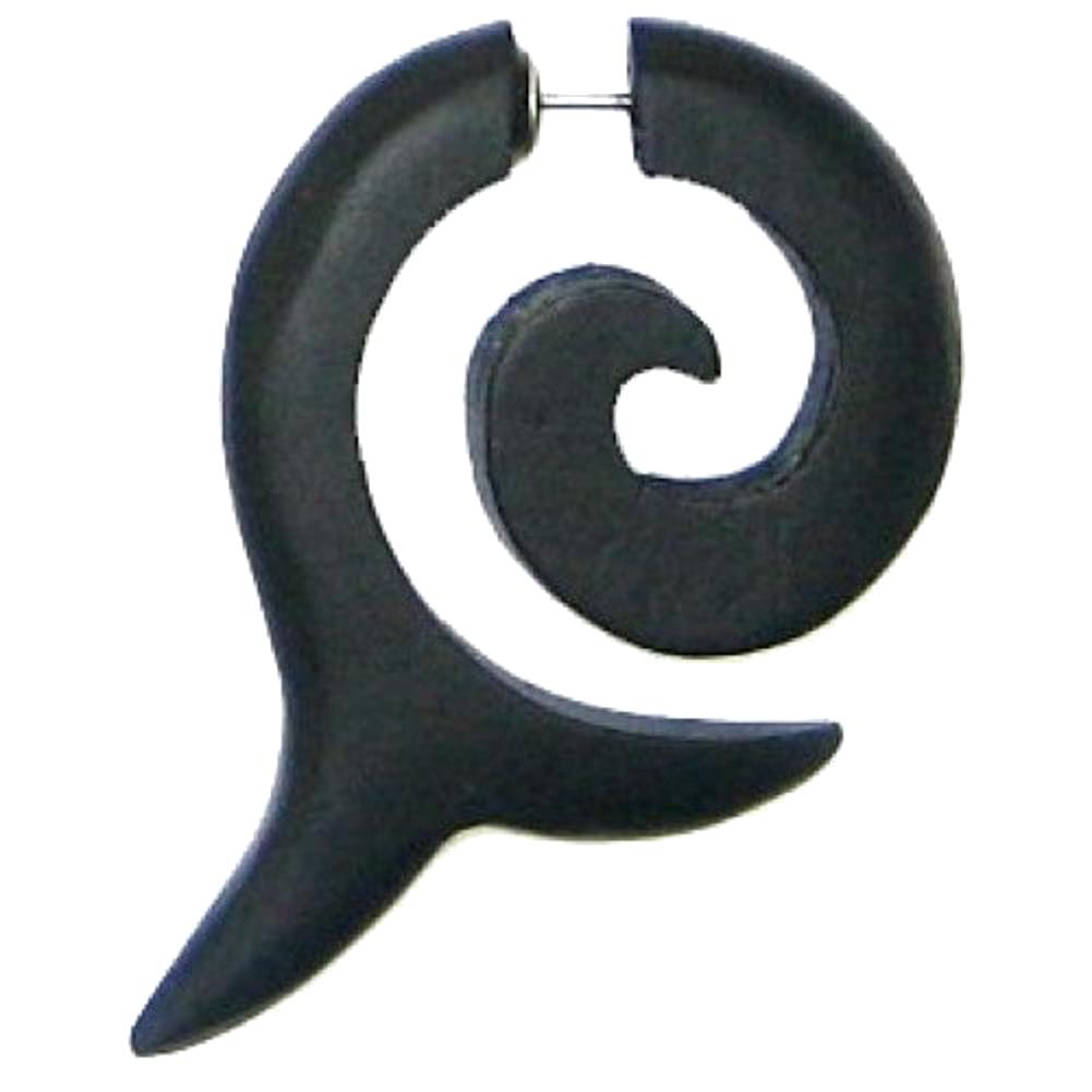 Tribal Ohrring Sono Holz Fishtail schwarz Spirale Edelstahlbügel Fake Piercing 1 mm