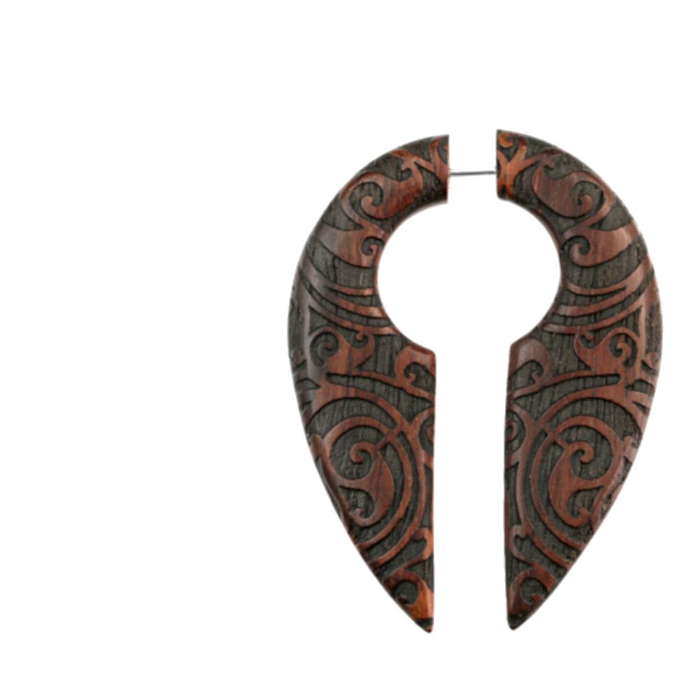 Fake Piercing Ohrring Holz Tropfen dunkel Bali Batik