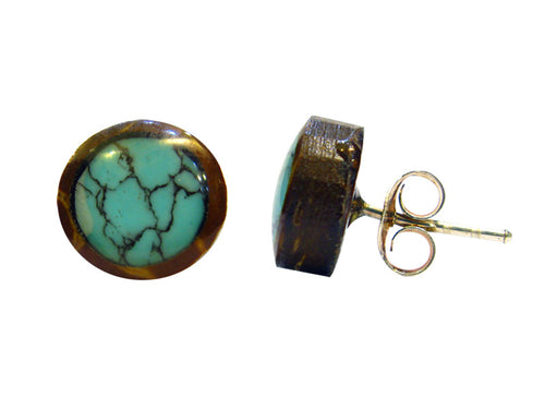 Kokosnuss Ohrstecker Türkis rund 4mm, dunkelbraun Silber-Stift, Holz-Ohrringe Holz-Ohrstecker