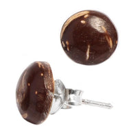 Load image into Gallery viewer, The Kokosholz Ohrstecker Halbkugel features flat, round, polished dark brown Kokosholz tops with natural streaks, set on silver Edelstahl posts. Unisex Schmuck Ohrringe, perfect for any style.

