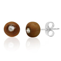 Load image into Gallery viewer, Holz Glitzer Ohrstecker braun Glaskristall weiß rund 3 mm 925er Sterling Silber
