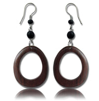 Load image into Gallery viewer, Tribal Ohrringe Sono Holz oval Edelstahl braun Perlen schwarz Ohrstecker Ohrhänger
