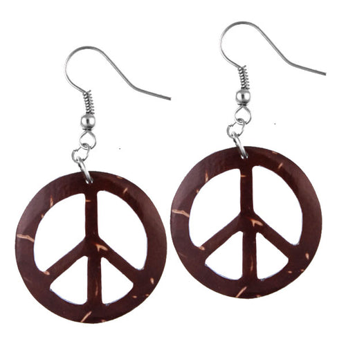Holzohrringe braun Peace Zeichen 26 mm Tribal Ohrringe Kokos Holz Edelstahl Ohrhänger Organic