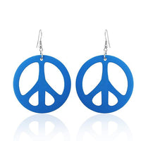Cargar imagen en el visor de la galería, A pair of Holzohrringe Holz rund Peace 50 mm Ø, colorful wooden peace sign earrings with stainless steel nickel-free hooks, displayed against a white background.
