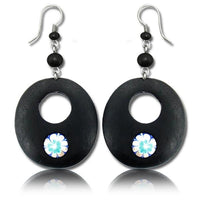 Load image into Gallery viewer, Ohrringe Narra Holz Murmel Blume blau gold oval Loch Edelstahl schwarz Perlen Ohrhänger Tribal
