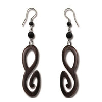 Cargar imagen en el visor de la galería, Tribal Ohrringe Schnörkel Achter-Form Sonoholz dunkelbraun Ohrhänger Edelstahl
