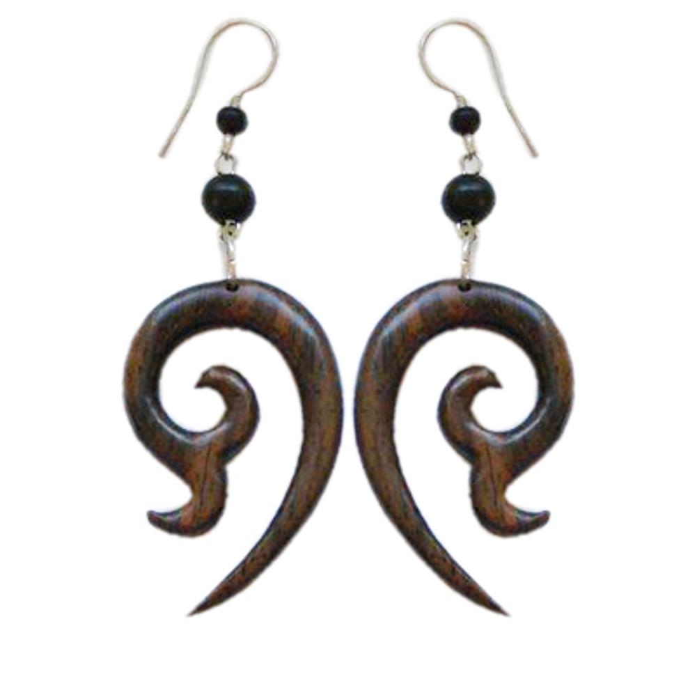 Tribal Spirale Ohrringe aus Sono Holz, langgezogene Spitze, Edelstahlbügel
