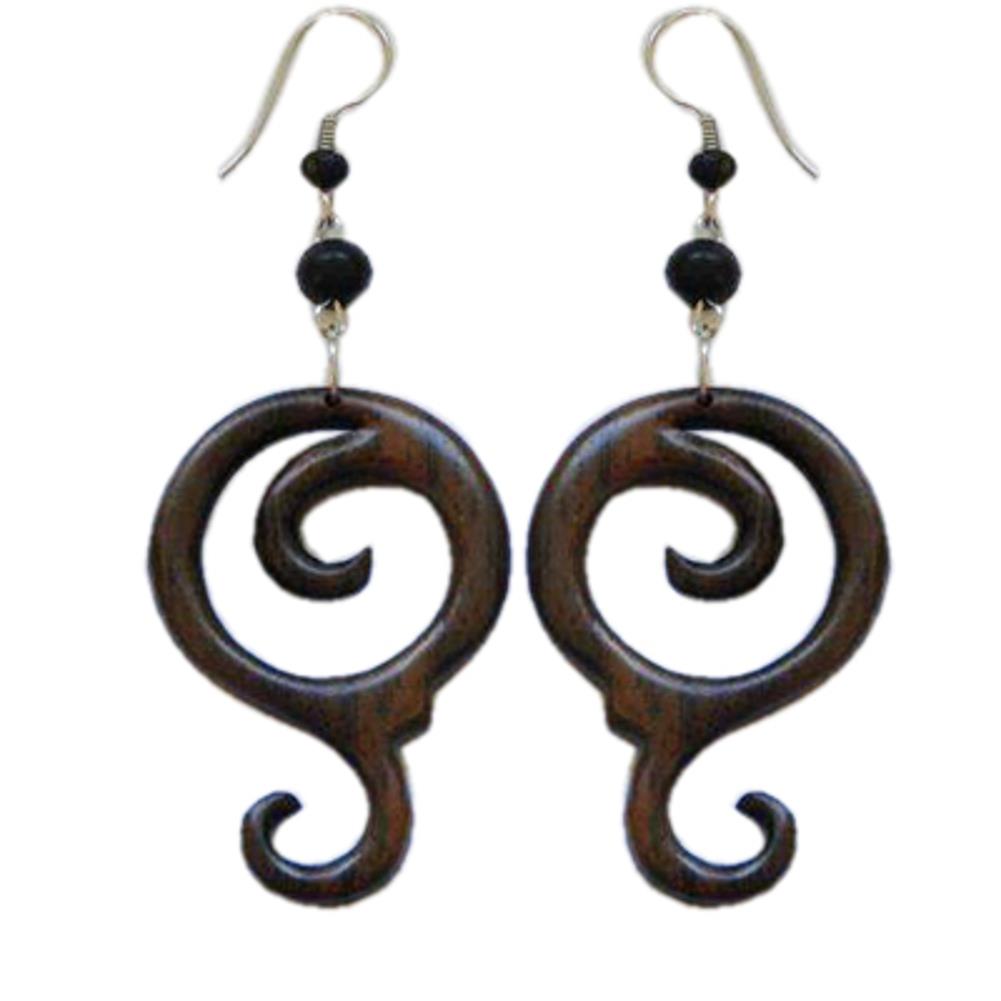 Tribal Spirale Ohrringe aus Sono Holz, geschlossene Spirale, Edelstahlbügel