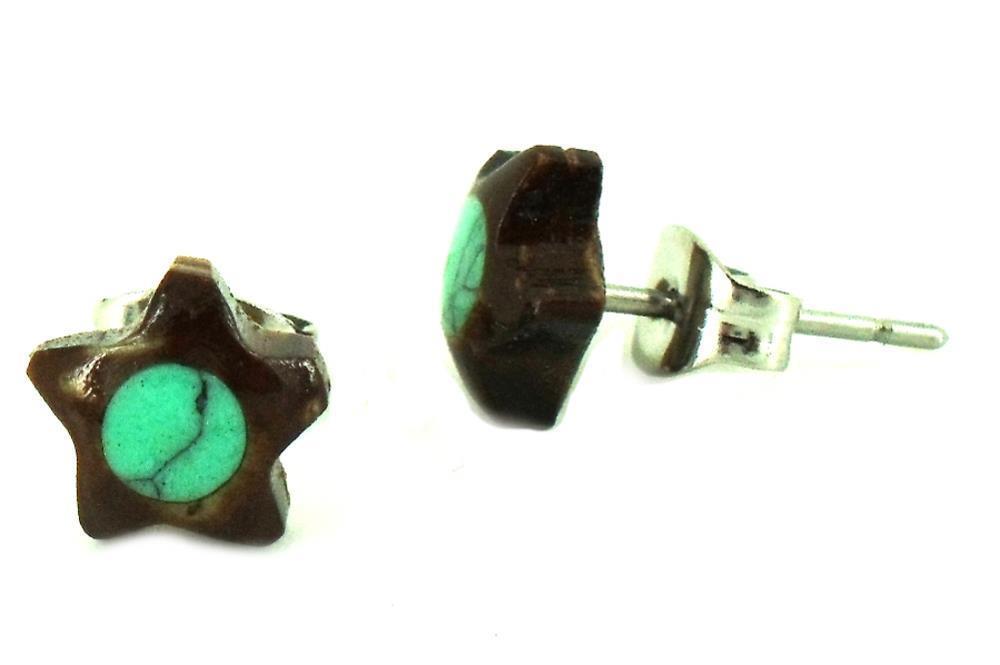 grünlich Kokosnuss Holz Ohrstecker Türkis Edelstahl Stift Stern 8 mm dunkelbraun Holzohrstecker