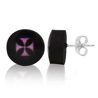 Load image into Gallery viewer, Ohrstecker Kokosnuss Malteser Kreuz pink schwarz Holz Silberohrringe 925er Silber
