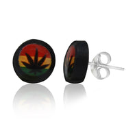 Load image into Gallery viewer, Add bold style with Ohrstecker Kokosnuss Holz Rasta Hanf rot schwarz Silberohrringe: round earrings featuring a Hanf Blatt on red, yellow, and green stripes, black border, and 925 silver posts. Unisex design perfect for any look.
