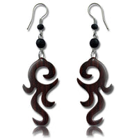 Load image into Gallery viewer, Tribal Ohrringe Narraholz Wimpernspirale dunkelbraun schwarze Perlen Edelstahl
