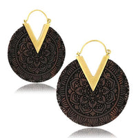 Cargar imagen en el visor de la galería, Ohrringe Narra Holz Brass gold Zacke Blume Mandala
