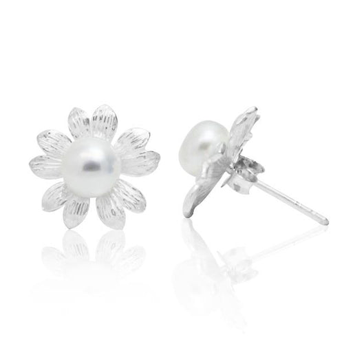 Blume fünfblättrig Perlen Ohrstecker 925er Sterling Silber Zuchtperle Perlenohrstecker
