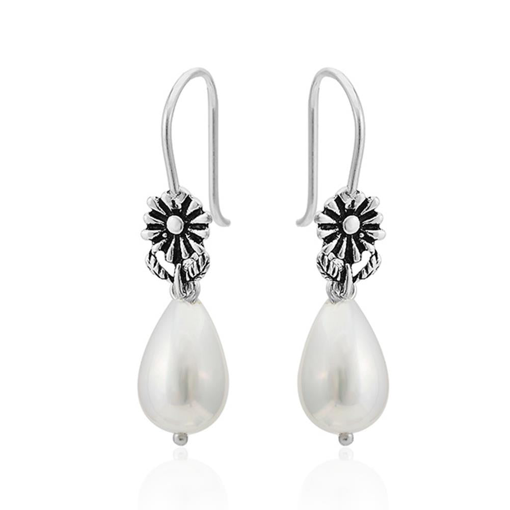 Perlenohrringe Perlen 925 Sterling Silber Ohrringe Ohrhänger Perle Blume dunkel oxidiert