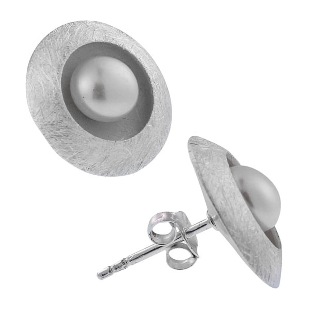 Perlenohrstecker Kreis oxidiert gekratzt 15 mm Perle weiß 925er Sterling Silber Ohrstecker Ohrringe