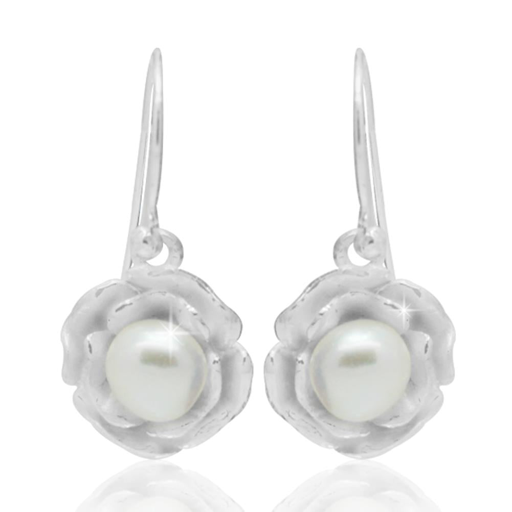Rose weiß Perlen Ohrringe 925er Sterling Silber Zuchtperle (1A Naturqualität) Perlenohrringe