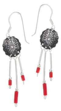 Load image into Gallery viewer, Ohrhänger Perlen Koralle rot Scheibe Stäbe Sterling Silber Indianer Schmuck
