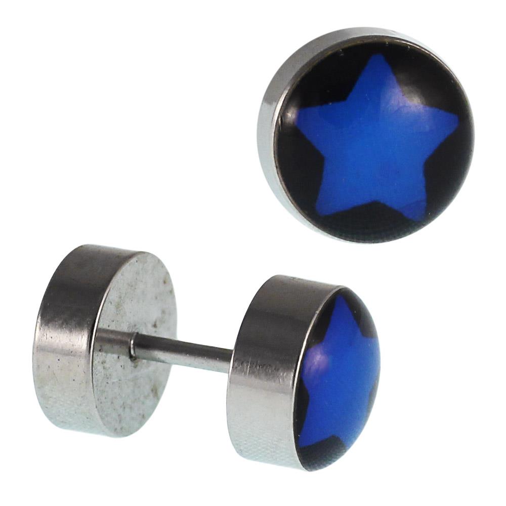 Fake Piercing blauer Stern auf schwarz 7 mm Edelstahl