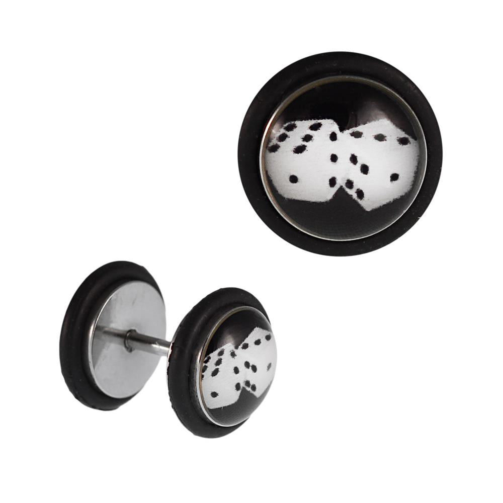 Fake Piercing Plug Edelstahl zwei Würfel in weiß schwarz Gummiring 7 mm