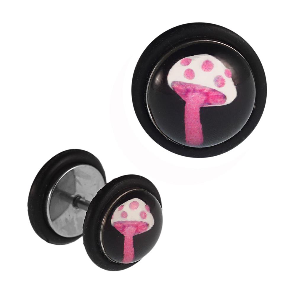 Fake Piercing Plug Edelstahl Fliegenpilz Pilz pink weiß schwarz Gummiring 7 mm