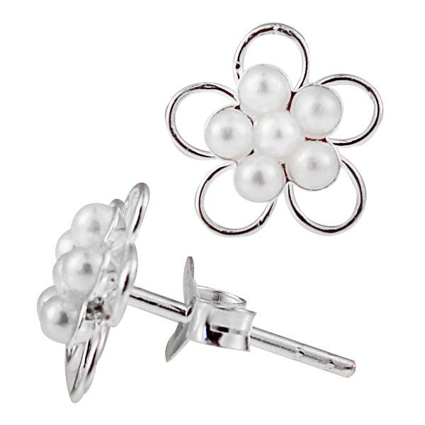 Ohrstecker Blume weiß kleine Perlen 925er Sterlingsilber Bögen Perlenohrstecker