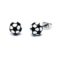 Load image into Gallery viewer, A pair of 6 mm unisex Ohrstecker Sport Ball stud earrings with acrylic soccer ball design and durable, nickel-free stainless steel backings, suitable for tennis, football, or basketball fans. Displayed on a white background.
