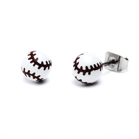 Load image into Gallery viewer, A pair of round Ohrstecker Sport Ball 6 mm Acryl Unisex earrings in a white ball with red stitching design, shown front and back to display the nickelfrei Edelstahl post—perfect Sport Motiv for tennis, football, or basketball fans.
