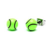 Load image into Gallery viewer, A pair of Ohrstecker Sport Ball rund 6 mm Acryl Unisex Ohrringe, shaped like bright green tennis balls with black lines, set on nickelfrei Edelstahl posts, shown on a white background.
