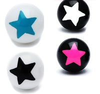 Load image into Gallery viewer, Set of four zweifarbig 6 mm Acryl Ohrstecker: two white with blue and black five-pointed stars, two black with pink and white stars. Each star motif is centered on the Kugel. Unisex, stainless steel, nickelfrei.

