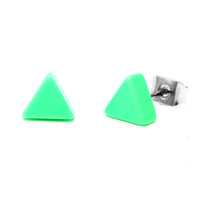 Load image into Gallery viewer, A pair of 6 mm colorful triangular Acryl Ohrstecker Dreieck Unisex earrings with silver Edelstahl (nickelfrei) backs, shown against a white background.
