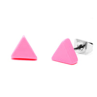 Load image into Gallery viewer, A pair of 6 mm colorful triangle-shaped Acryl Unisex Ohrstecker with nickel-free stainless steel (Edelstahl) posts and backs, displayed against a white background. Product: Ohrstecker Dreieck dick bunt Acryl Edelstahl.
