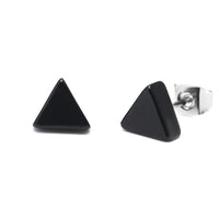 Load image into Gallery viewer, A pair of 6 mm, black, triangular Acryl Ohrstecker Dreieck dick bunt Unisex Ohrringe with silver, nickel-free Edelstahl posts and butterfly backs, displayed on a white background.
