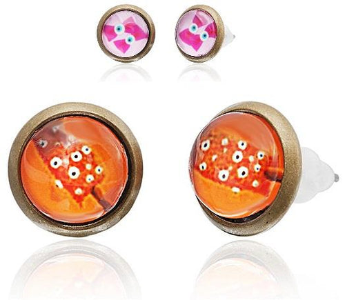 Two pairs of 12mm round, colorful Brass Ohrstecker earrings are shown: one features a red and orange design with white dots, the other a pink and white cartoon owl, both made of nickelfrei, stainless steel, unisex.