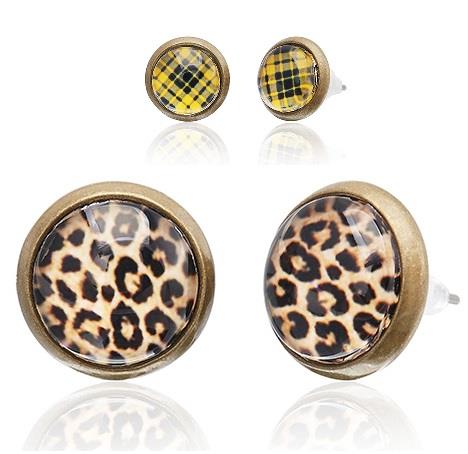 Two pairs of 12mm round, nickelfrei Brass Ohrstecker studs: one yellow-black plaid, one brown-black leopard print—both with metallic rims. Product: Brass Ohrstecker Stern Sterne bunt Unisex Ohrringe Edelstahl.