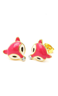 Load image into Gallery viewer, A pair of Brass Ohrstecker Fuchs Kristall 12 mm in colorful enamel and gold-plated nickelfree brass, faceted with a clear rhinestone at each nose tip, create a sparkling fox design with black and white eyes.
